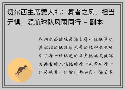 切尔西主席赞大扎：舞者之风，担当无惧，领航球队风雨同行 - 副本